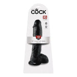 Realistic black 10-inch dildo with balls in retail packaging, adult toy for pleasure.