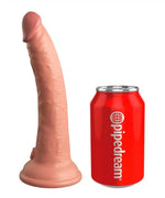 Realistic beige dildo with suction base next to red soda can for size comparison on white background.