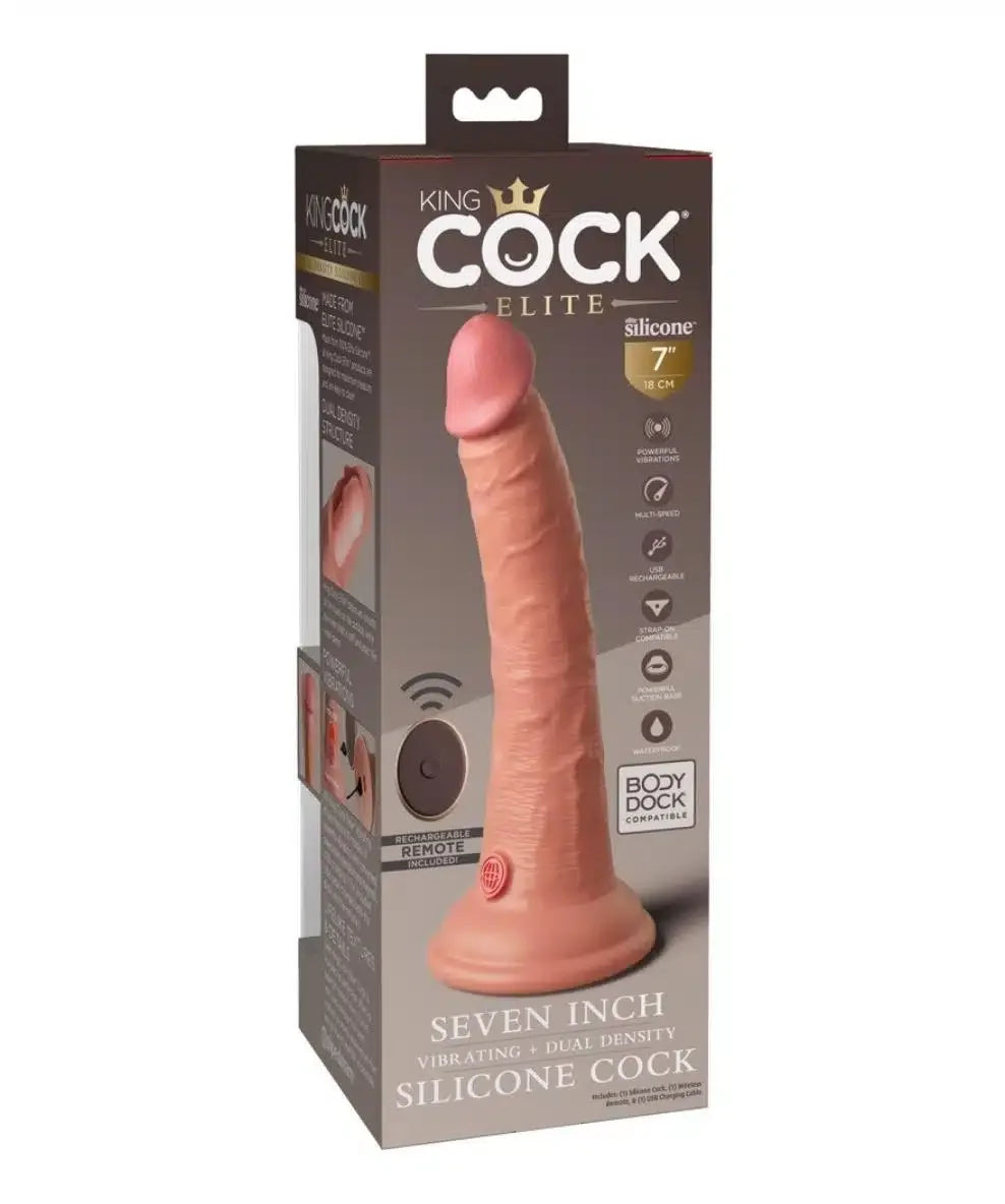Boxed 7 inch vibrating silicone dildo with remote, lifelike texture, and suction base.