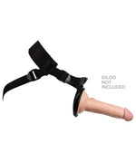 Adjustable black strap-on harness with realistic dildo attachment, text noting dildo not included.