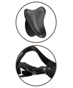 Black adjustable strap harness with smooth ergonomic silicone plate, intimate product