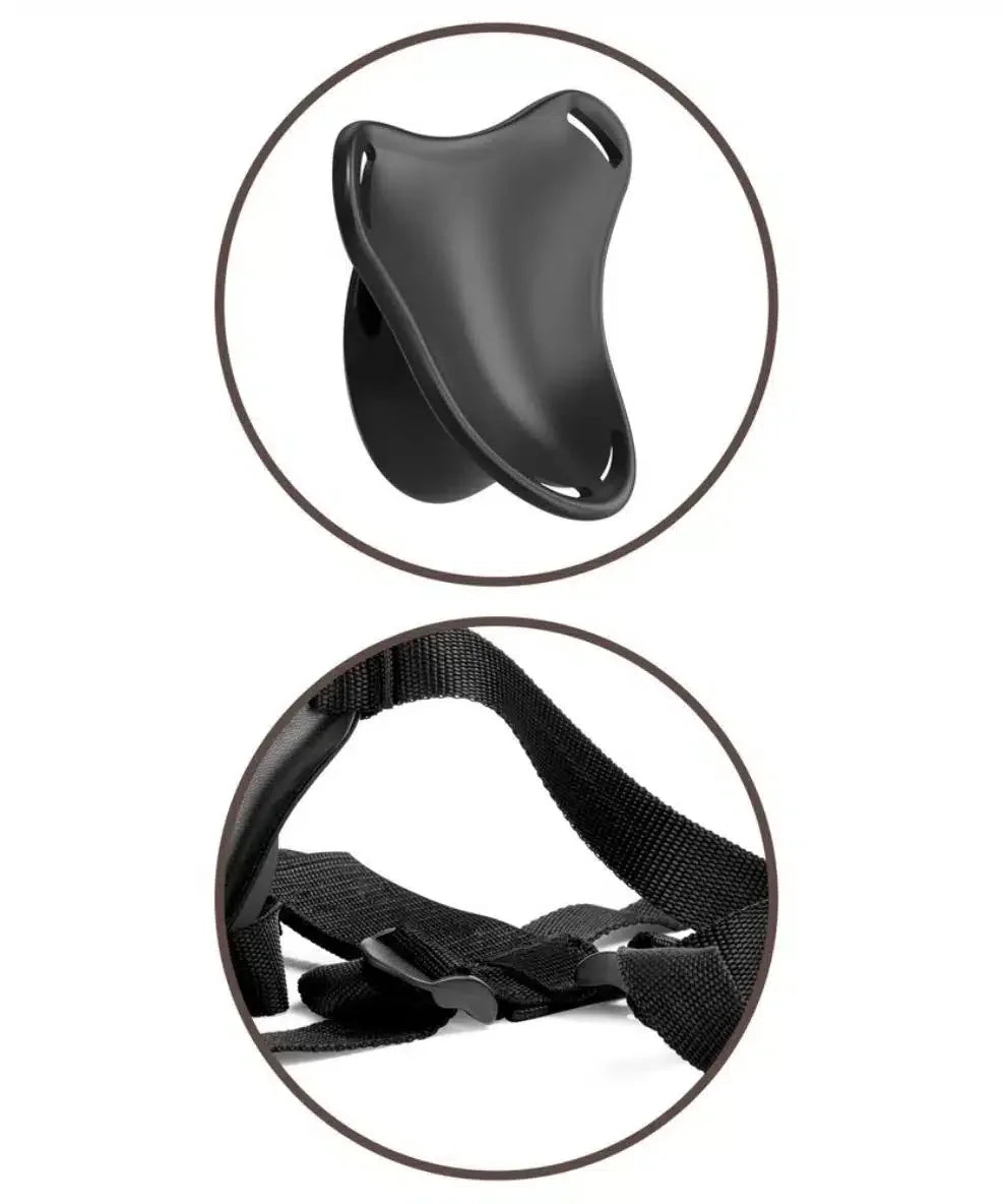 Black adjustable strap harness with smooth ergonomic silicone plate, intimate product