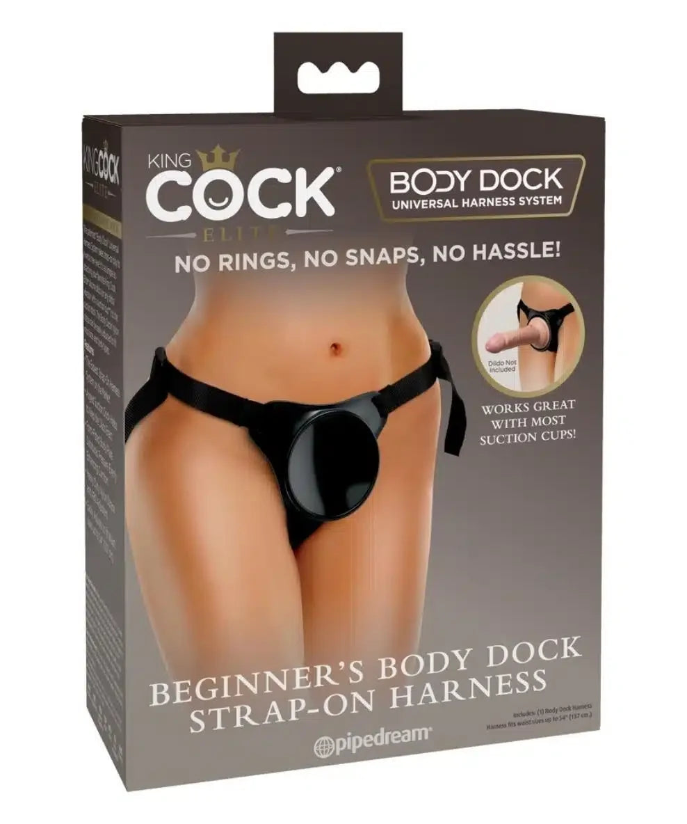 Box showing beginner’s body dock strap-on harness with adjustable waistband, universal design.