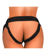 Adjustable black strap harness on waist and hips, intimate lingerie product