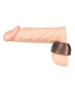 Realistic dildo with brown penis ring, adult sex toy product on white background