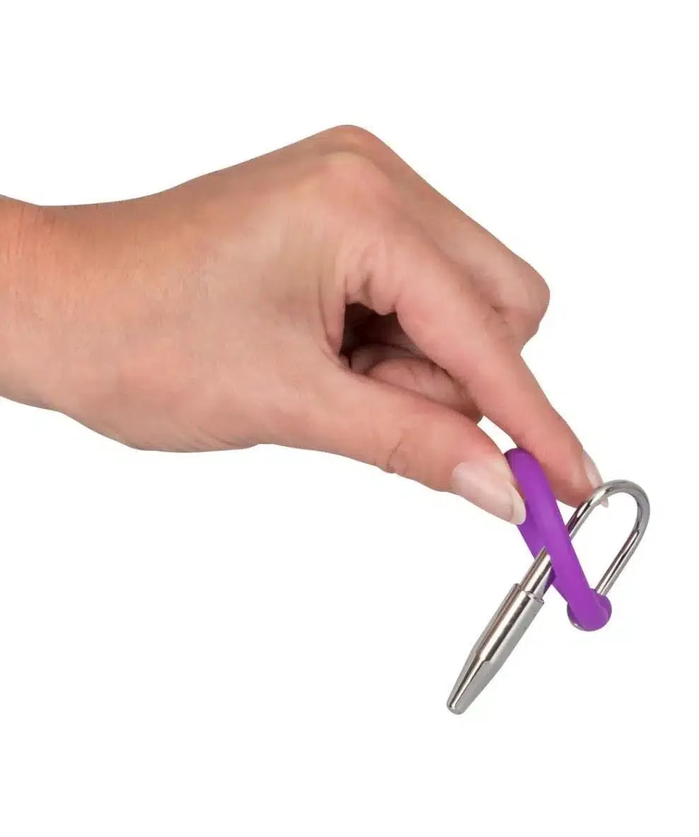 Hand holding small silver and purple adult toy with hook shape, white background