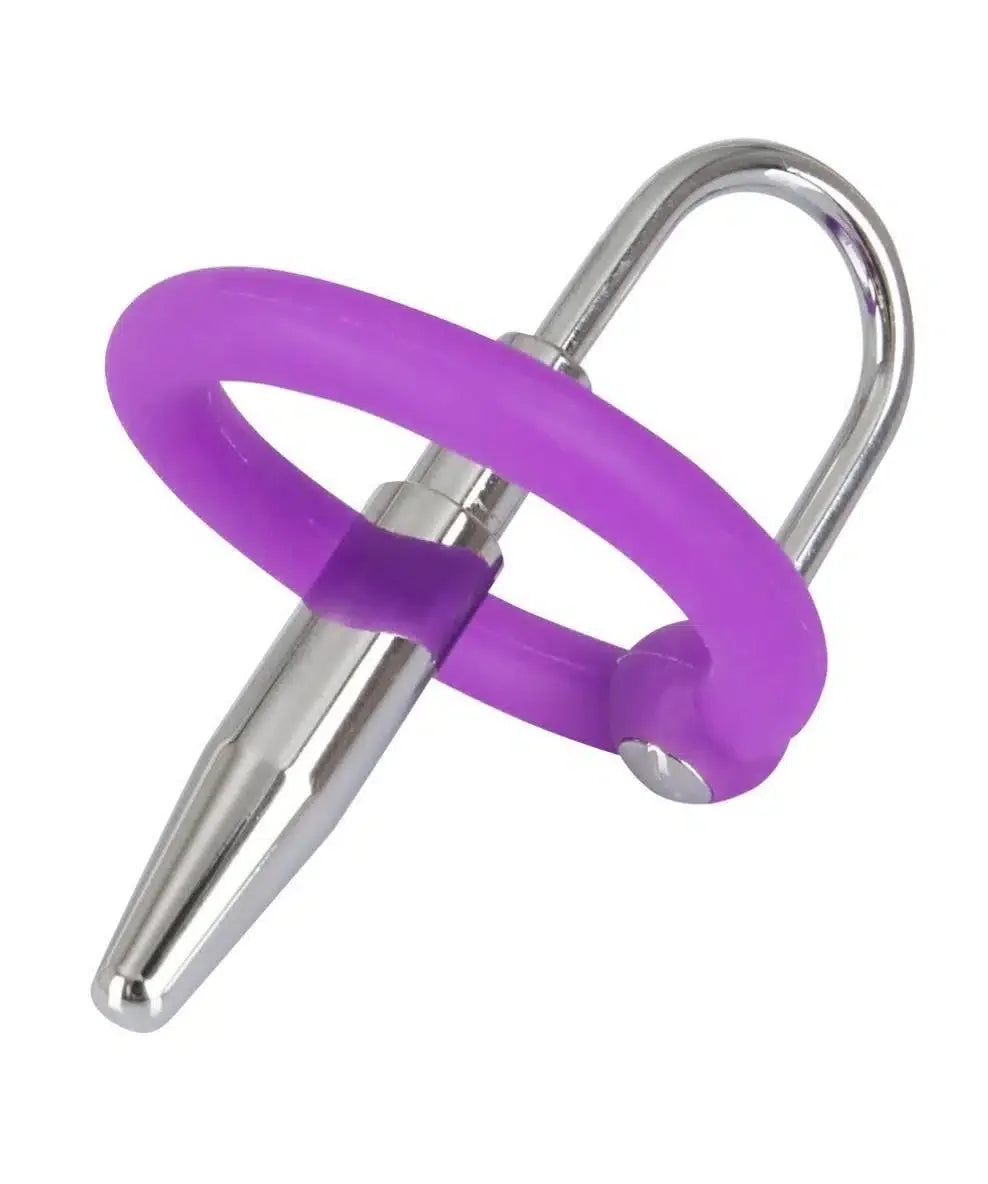Urethral plug with metal shaft and purple silicone ring, adult novelty product