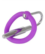 Purple silicone and silver metal adult toy with a ring and tapered tip on white background