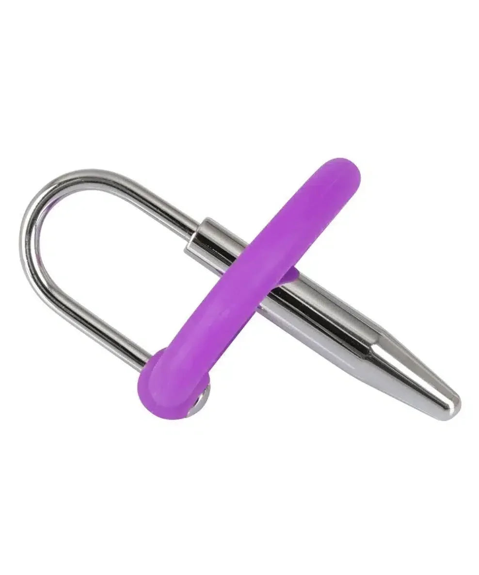 Silver and purple metal urethral sound with silicone ring on white background