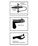 Illustration showing how to use a flexible silicone penis plug with ring, with measurements and lubricant advice.