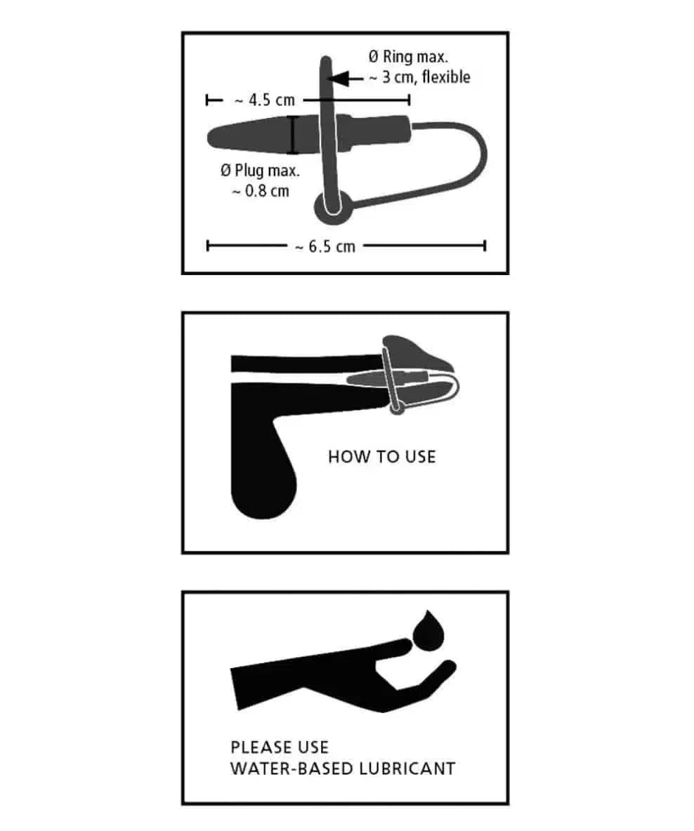Illustration showing how to use a flexible silicone penis plug with ring, with measurements and lubricant advice.
