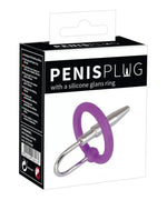 Black box packaging for a silicone glans ring with metal plug, adult toy product shown.
