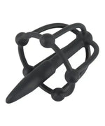 Black silicone cage-shaped intimate toy with rounded accents, photographed on white background.