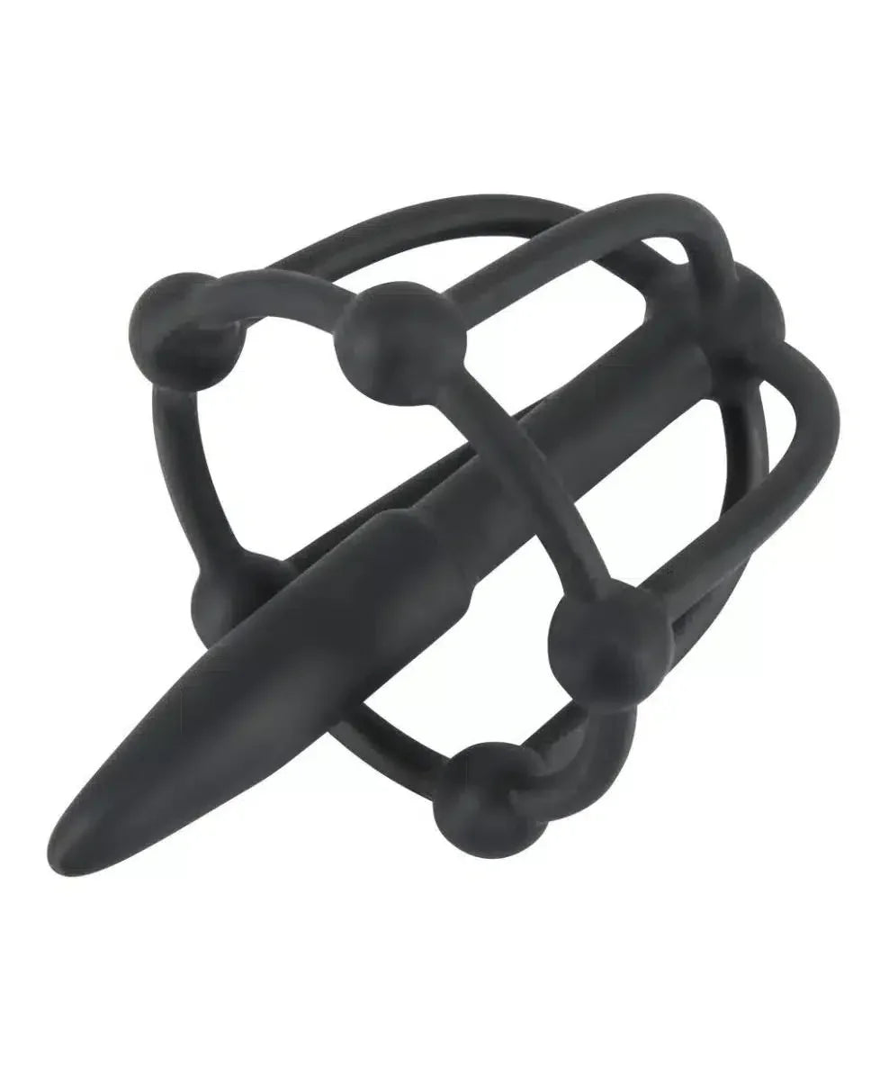 Black silicone cage-shaped intimate toy with rounded accents, photographed on white background.