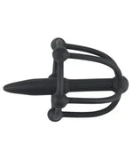 Black silicone chastity cage with open bar design on white background