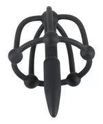 Black silicone male chastity device with a cage-like design and round accents