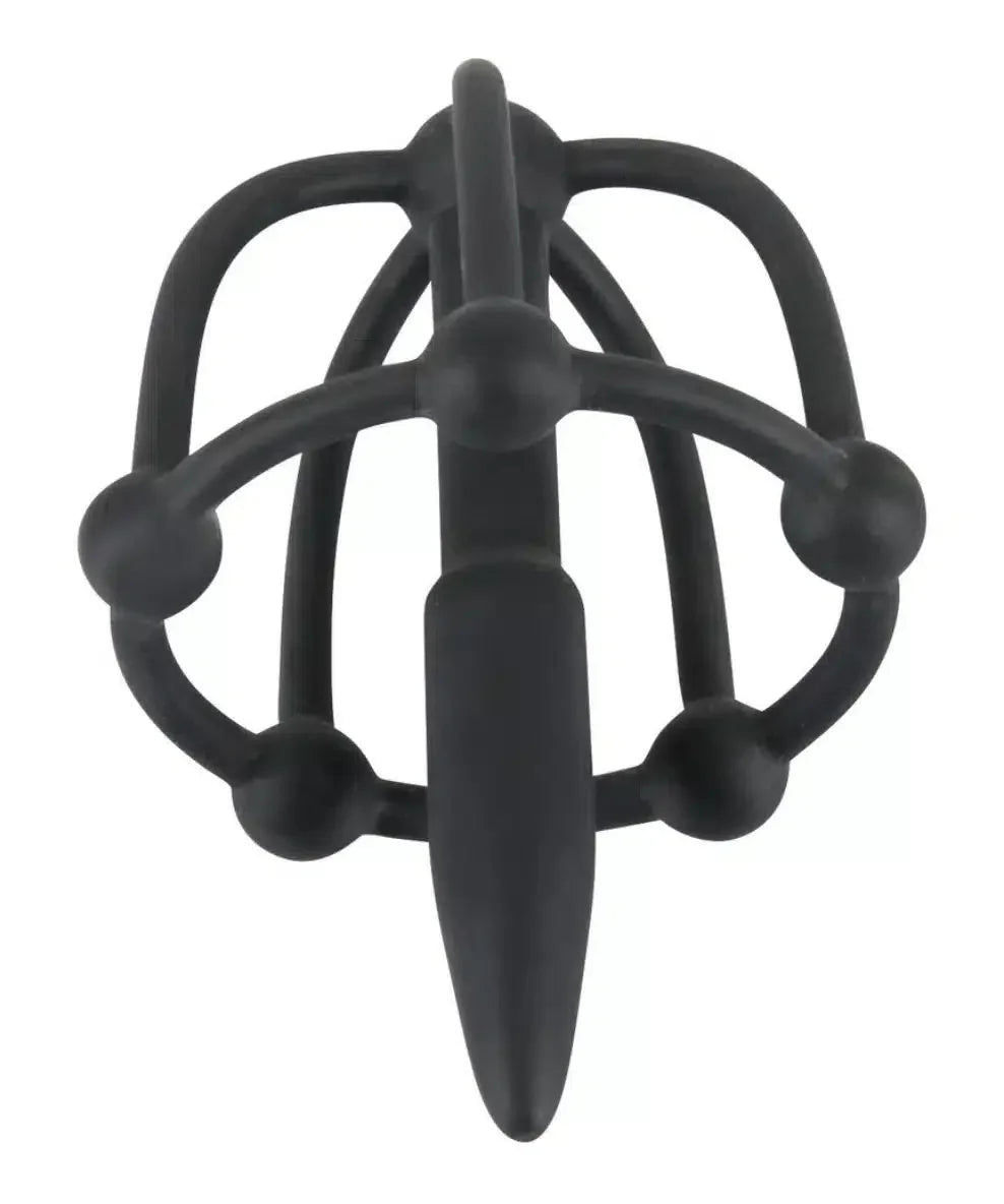 Black silicone male chastity device with a cage-like design and round accents
