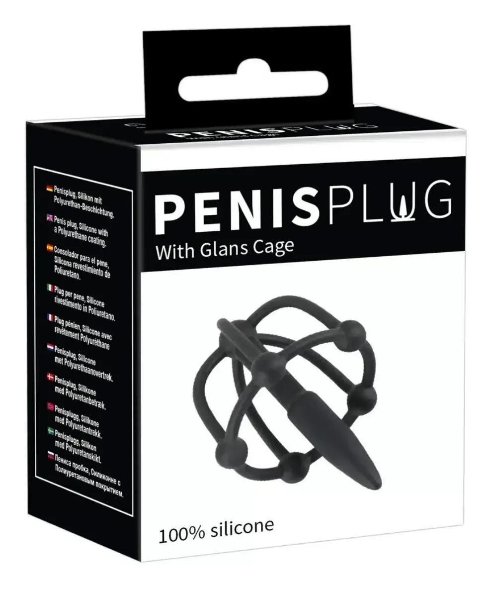 Black silicone penis plug with glans cage in retail packaging, adult product