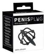 Black silicone penis plug with glans cage in retail packaging, adult product