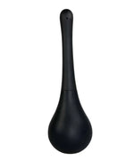 Black bulb douche with long nozzle against white background, intimate hygiene product