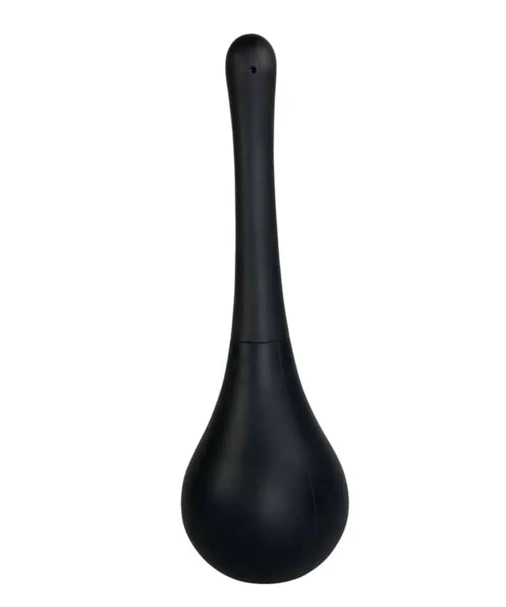 Black bulb douche with long nozzle against white background, intimate hygiene product