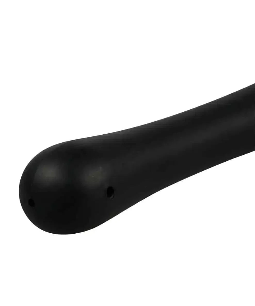 Close-up of a black silicone intimate massage wand against a white background