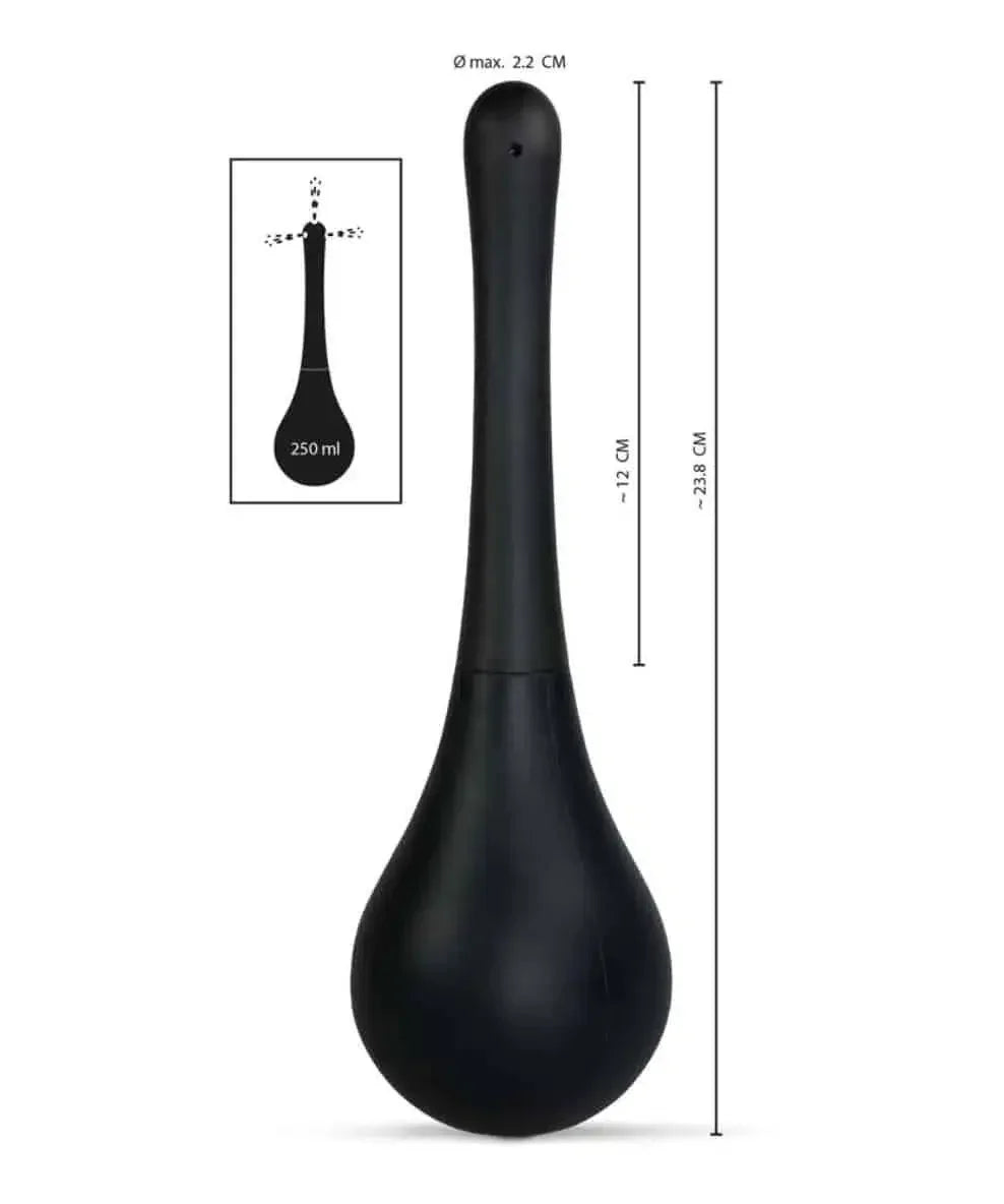 Black hygiene cleansing bulb with measurements and 250 ml capacity, intimate care product