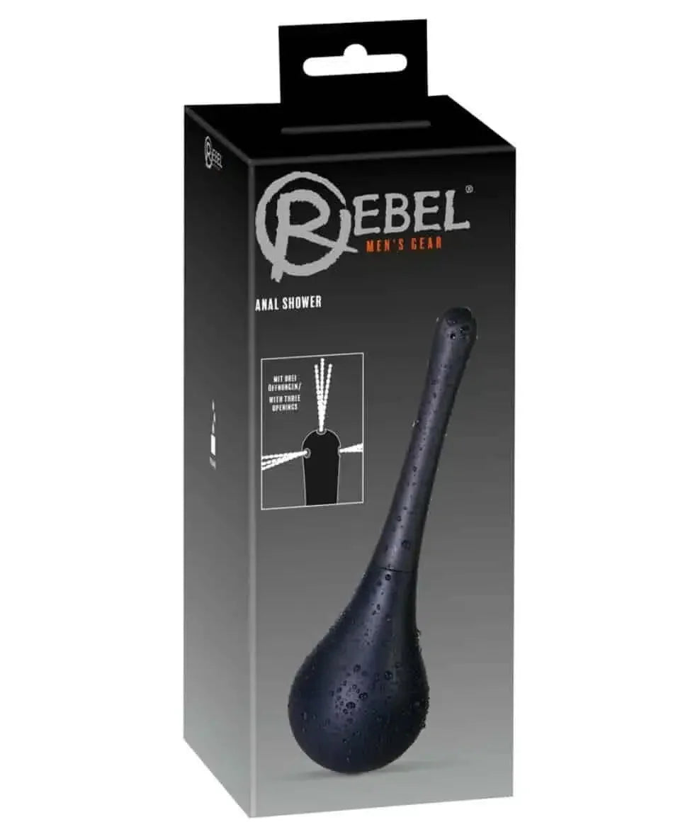 Rebel Men's Gear black anal shower kit box with product image and water droplets