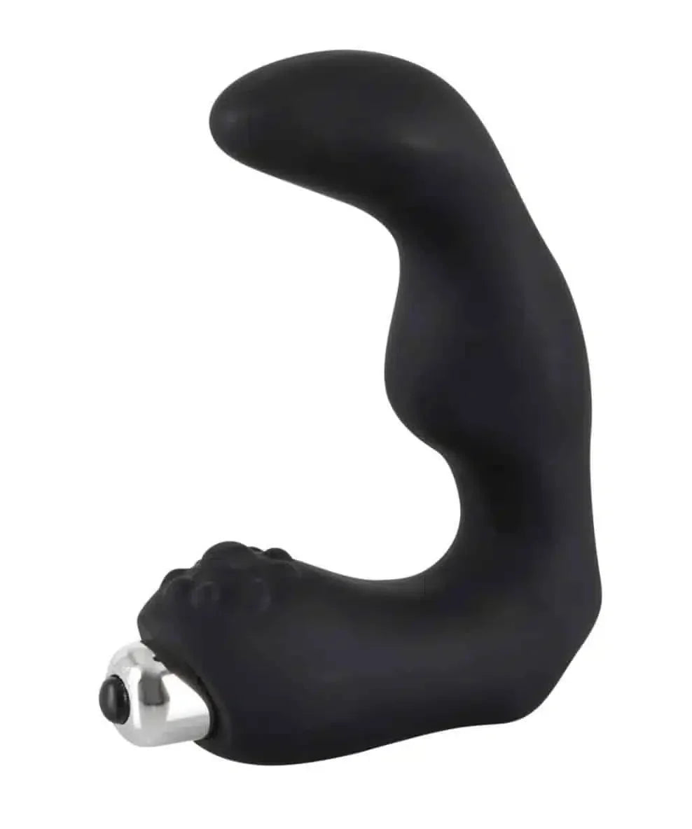 Black prostate massager with curved ergonomic design and vibrating tip