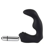 Black prostate massager with silver vibrating bullet on white background