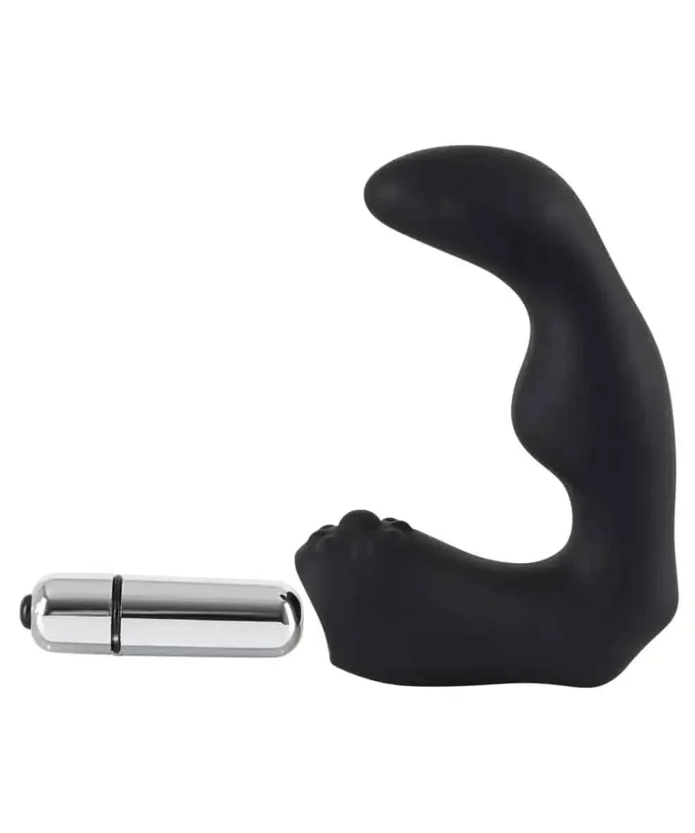 Black prostate massager with silver vibrating bullet on white background