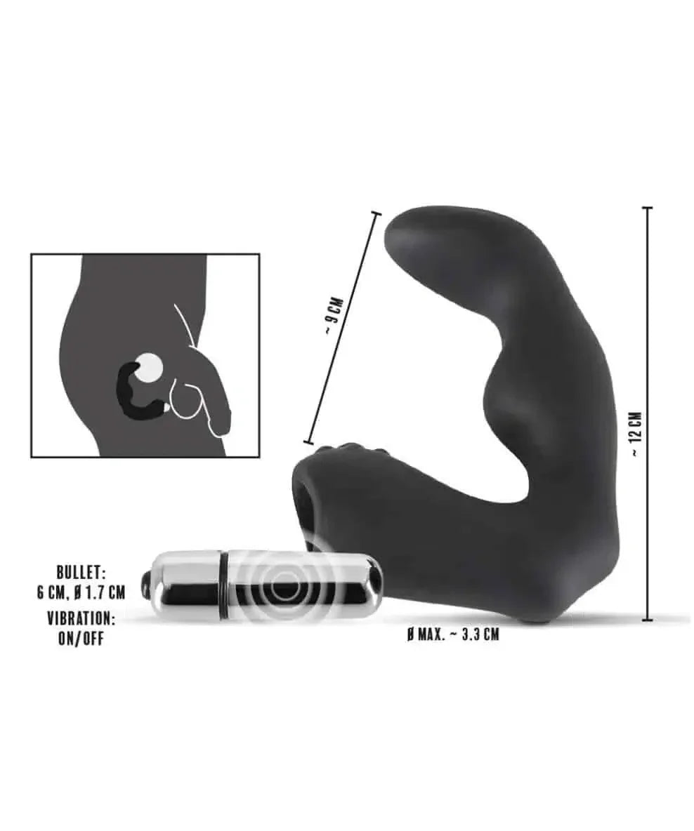 Black silicone prostate massager with bullet vibrator, dimensions and usage diagram shown