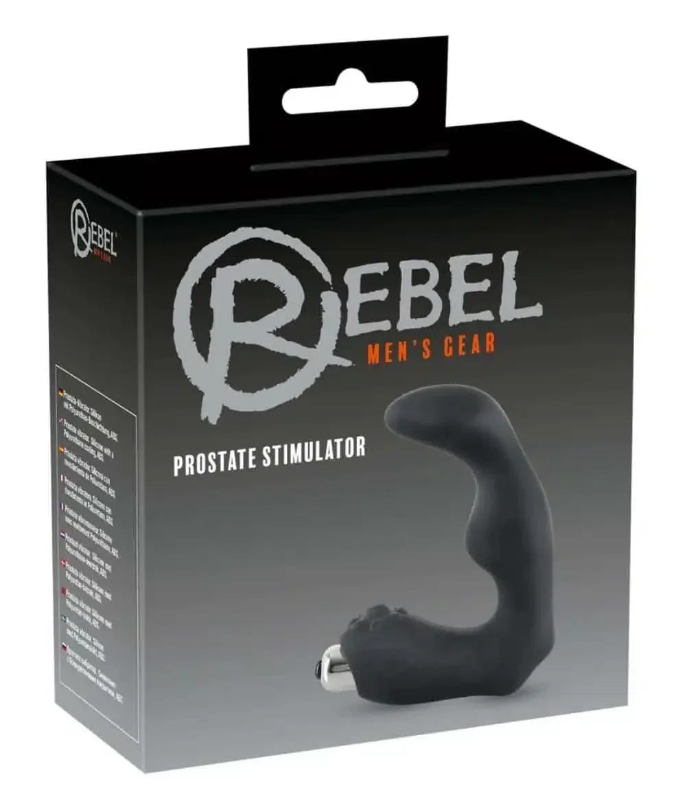 Black Rebel prostate stimulator in retail packaging with ergonomic shape and vibrator