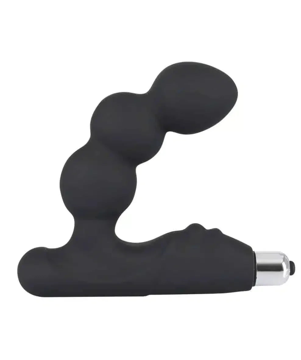 Black silicone vibrating prostate massager with curved, bulbous design and silver base