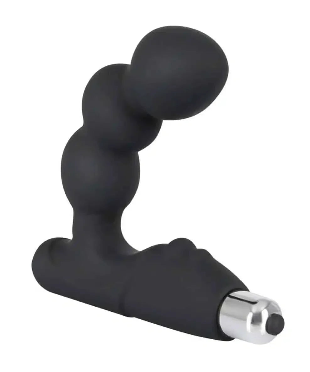 Black silicone prostate massager with beaded shaft and silver bullet vibrator