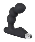 Black silicone prostate massager with beaded shaft and silver bullet vibrator