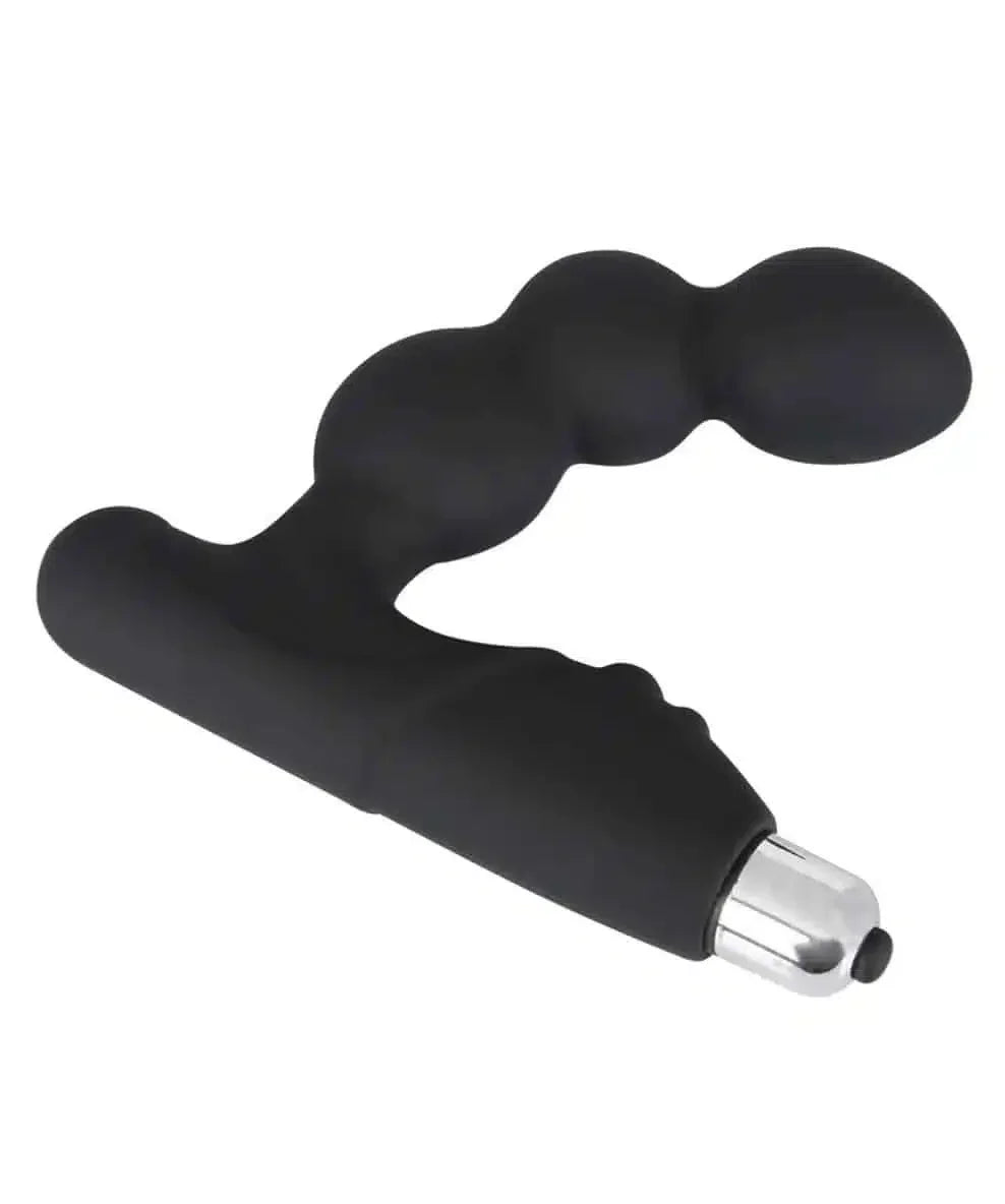 Black silicone prostate massager with curved shape and beaded design, silver base