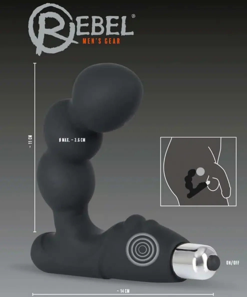 Black prostate massager with curved design, vibration button, and size specifications displayed.