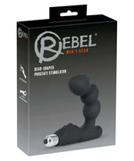 Bead-shaped prostate stimulator for men in black, shown in packaging.