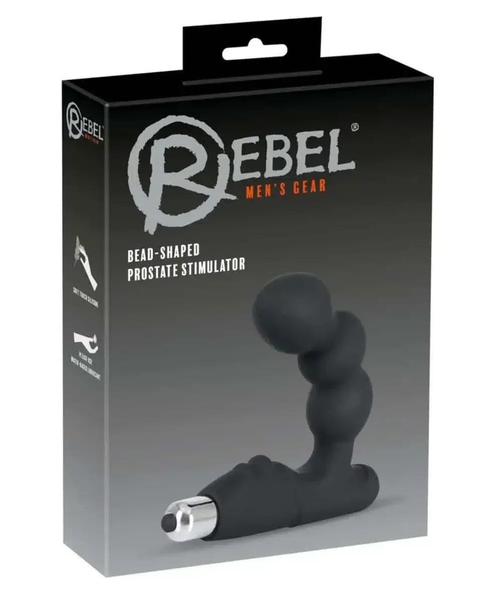 Bead-shaped prostate stimulator for men in black, shown in packaging.