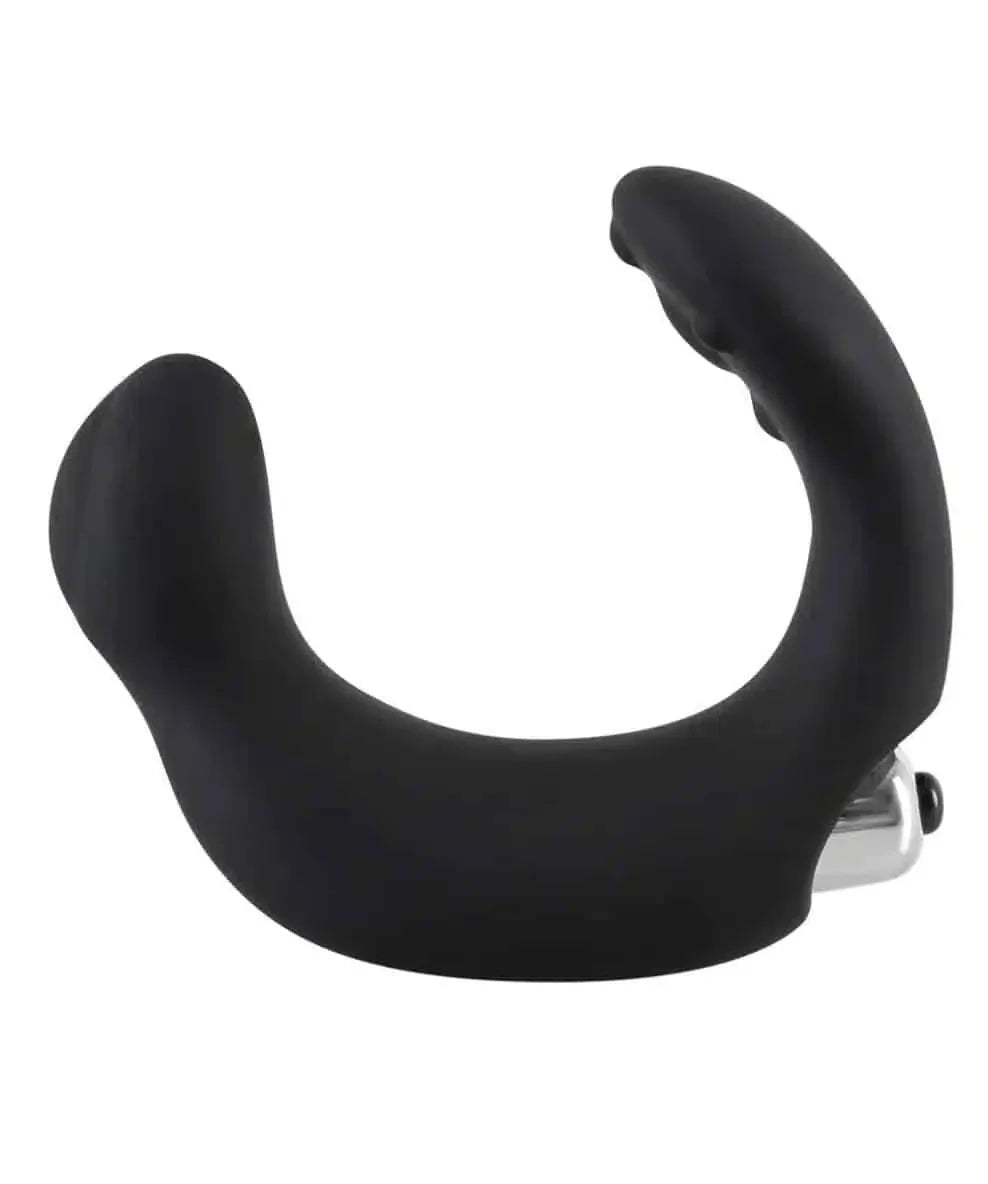 Black silicone vibrating couples ring with ergonomic design and silver bullet element