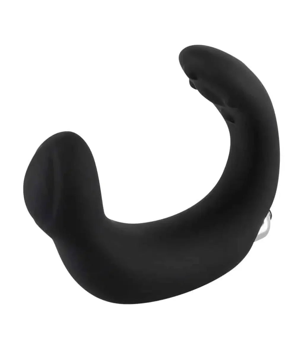Black silicone couples stimulator with ergonomic curved design on white background