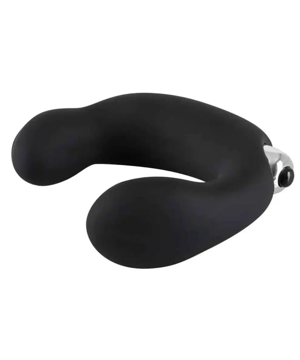 Black silicone couples vibrator with curved, ergonomic design on white background