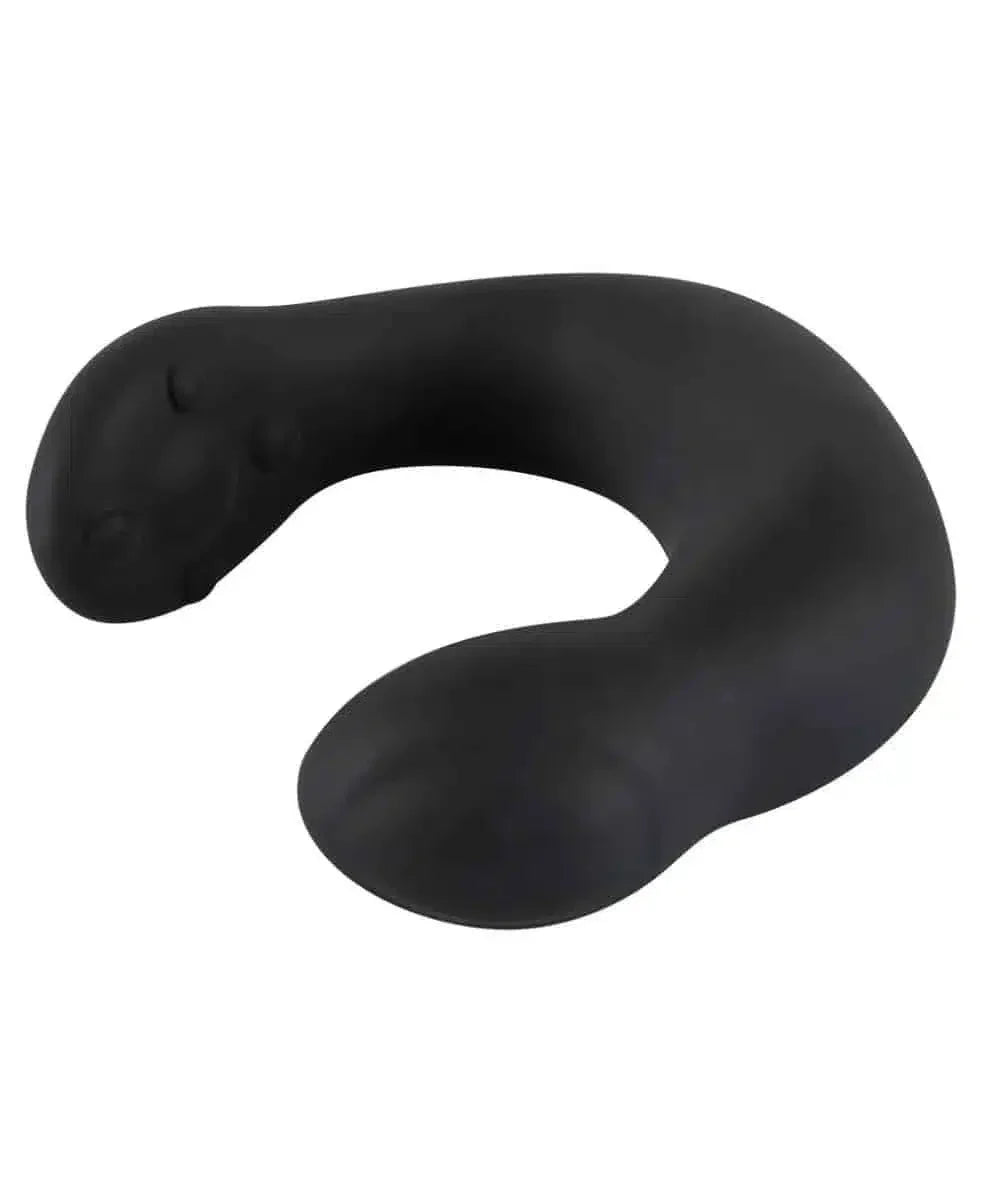 Black silicone U-shaped adult massager with a smooth, curved ergonomic design