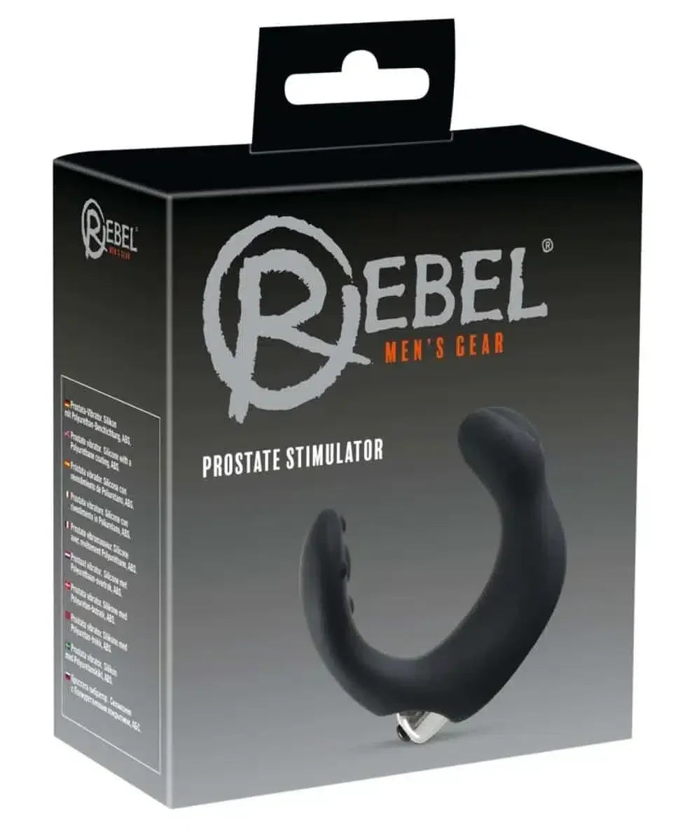 Black prostate stimulator for men in branded packaging, ergonomic adult toy design