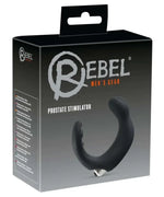 Black prostate stimulator for men in branded packaging, ergonomic adult toy design