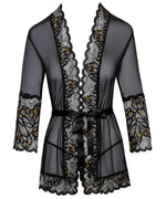 Black sheer lace robe with butterfly embroidery and satin belt, sexy lingerie