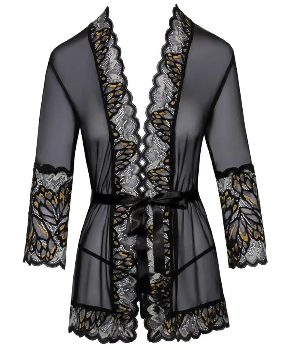 Black sheer lace robe with butterfly embroidery and satin belt, sexy lingerie