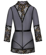 Sheer black lace robe with butterfly pattern, three-quarter sleeves, and scalloped trim