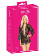 Pink box featuring a woman in black sheer lace lingerie robe, labeled hot lingerie.